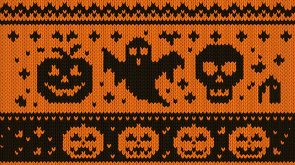 Halloween knitted pattern with ghost skull and pumpkin in orange and black textile design representing spooky celebration and seasonal autumn holiday decoration
