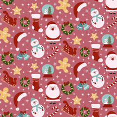 Christmas festive seamless pattern with Santa Claus, snowman, gingerbread man, stars and stocking on dark pink background.