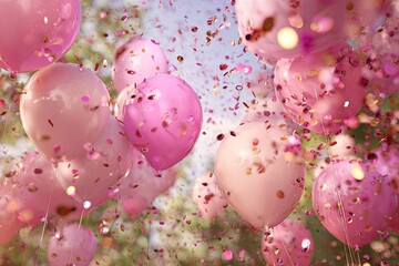 Pink balloons and confetti in the air