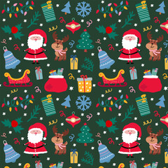 Festive winter background with Christmas theme. Santa Claus with deer and Christmas tree, gifts and bells.