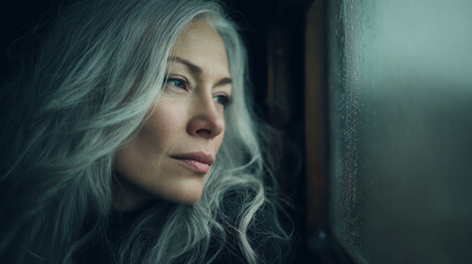 Fototapeta premium A contemplative woman gazes out of a window, showcasing her silver hair in a moment of deep reflection and tranquility.