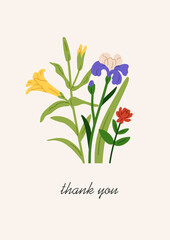 Floral poster design with spring flower blossoms. Summer garden nature, blooming plants with leaves, vertical botanical postcard, thank you card, typography. Colored flat vector illustration