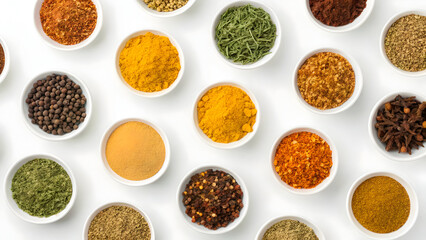 Overhead of dried herbs sorted by color