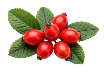 Six bright red rose hips with green leaves on rosehip fruit