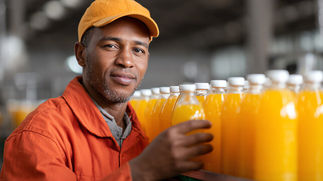 A worker in an orange uniform inspects bottles of freshly made juice in a factory, showcasing dedication and quality control.