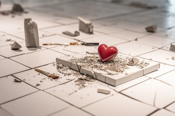 A red heart rests amidst shattered concrete, symbolizing brokenness