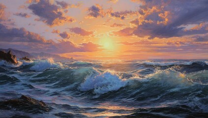Coastal sunset, dramatic waves