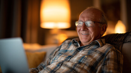 An elderly man smiles while using a laptop in a cozy, warm-lit living room, showcasing joyful moments of technology and leisure.