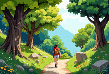 Young woman hiking along a path in vibrant forest scenery  
