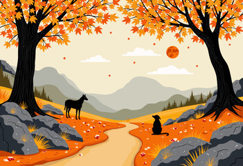 Fototapeta premium Autumn landscape with black horse and dog on a winding path 