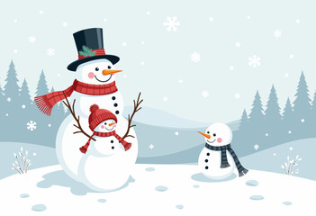 Cheerful snowmen playing in a snowy landscape during winter  