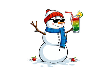 Snowman wearing sunglasses holding colorful drink in winter scene  