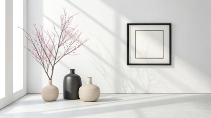 Modern minimalist interior with decorative vases and framed art on marble wall
