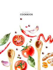 Watercolor painted spices and vegetables food product poster. Cookbook cover design, recipe book vector illustration