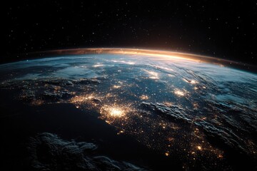 Obraz premium Earth at dawn, seen from space. Cities glow brightly across the continents