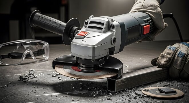 Electric Angle Grinder Cutting Metal at Workshop in Industrial Setting