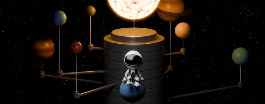 3d cartoon astronaut sitting on planet in solar system with stars