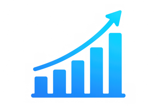 Ascending blue bar chart visualizing financial growth, highlighting positive performance metrics against transparent backdrop
