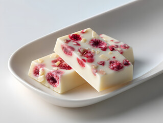 A halved tablette chocolat blanc framboise with raspberry filling.