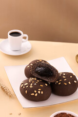 Chocolate sandwich bread and coffee, brown desktop background