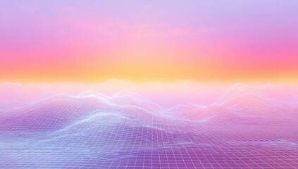 Pastel-toned, digital landscape with gridded terrain.  Sunrise hues