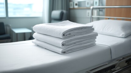 Clean hospital bed with stacked white linens ready for use. .