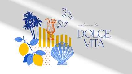 Hand drawn watercolor and sketch tropical poster. Dolce vita summer vibe. Vector vintage illustration © pim