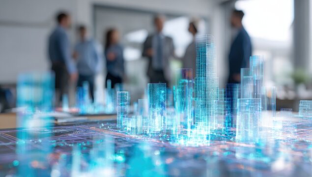Holographic city model overlaid on a meeting