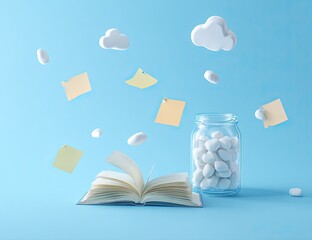Open book with floating clouds and notes