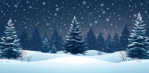 Snowy forest landscape with falling snowflakes winter trees