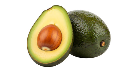 Fresh ripe avocado halved showing seed and smooth green skin isolated on transparent background