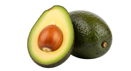 Fresh ripe avocado halved showing seed and smooth green skin isolated on transparent background