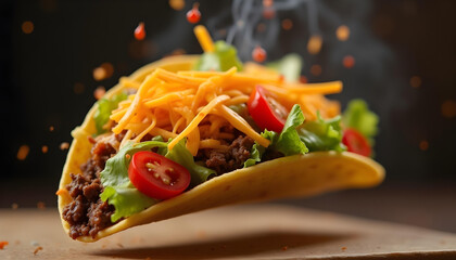 A tightly framed micro shot of a taco mid-flip — shredded cheese, diced tomatoes, lettuce ribbons, and seasoned beef suspended mid-air in a vortex of motion. 