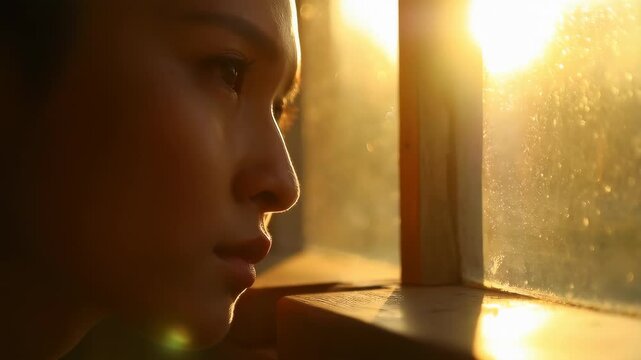 Profile at window in golden sunlight with dust particles floating through rays, contemplative mood and tranquil atmosphere for mindfulness, solitude or self-reflection moment