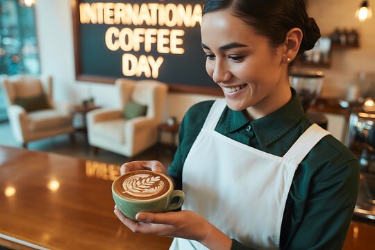 Smiling barista presents a beautifully crafted latte art coffee cup in a cozy cafe setting, celebrating International Coffee Day.