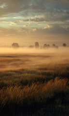 Fototapeta premium Mystical morning landscape with ethereal fog rolling over golden meadows and distant trees creating a scenic and