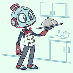 Cartoon Robot Butler Serving Food – Cute Kitchen Character Illustration