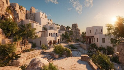 Obraz premium Whitewashed village nestled in a sunlit, rocky landscape