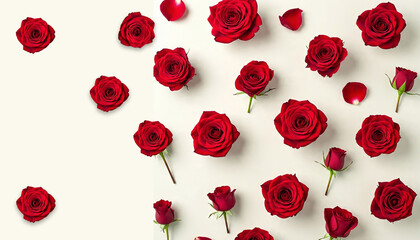 Fresh red roses flowers with green leaves pattern wallpaper, top view, background design for greeting cards and invitations for weddings, birthdays, Valentine's Day, Mother's Day and other holidays