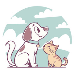 Cartoon dog and cat, smiling, sitting side-by-side, friendly vector art.