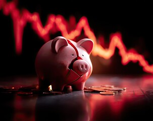 Piggy bank with a broken side against a backdrop of a plummeting stock chart