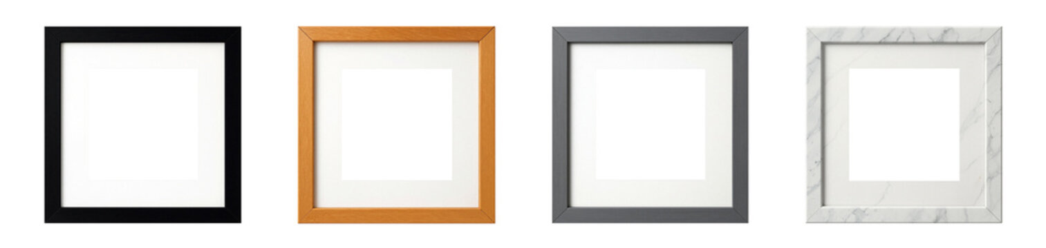 square photo frame mockup set with black wood oak grey and marble finishes isolated in transparent background for interior and print display design