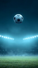 Soccer ball flying over a well-lit football field