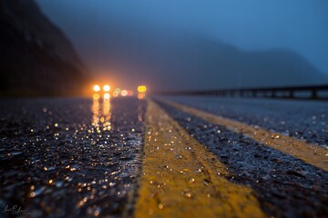 Foggy rainy night on deserted alpine road with wet asphalt and faded yellow center line to distant snow peaks, ideal for travel advertising and corporate marketing visuals