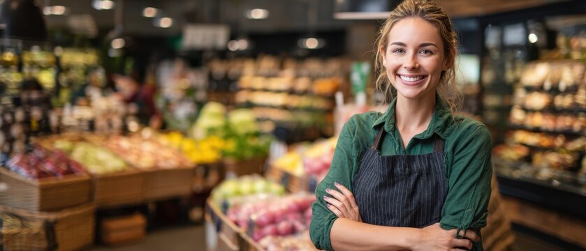 The smiling grocery store employee in a vibrant market setting.