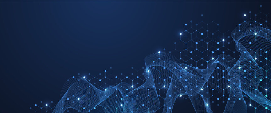 Molecular abstract structure and genetic engineering DNA. Healthcare and medicine background concept. Scientific research background. Wave flow. Innovation pattern. Vector illustration.