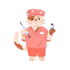 Cute cat doctor, animal character. Feline nurse in medical scrubs with syringe for injection. Pediatrician with medicine, remedy for healthcare. Flat vector illustration isolated on white background