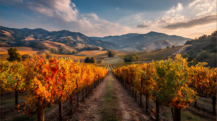 Naklejka premium Scenic autumn vineyard landscape with colorful foliage rows of vines mountains and vibrant sky perfect for agriculture