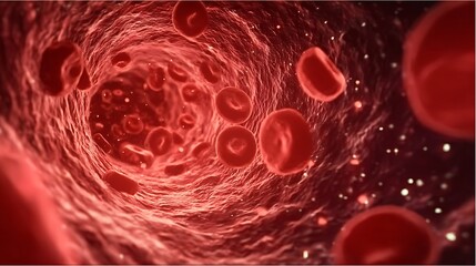 Close-up view of red blood cells flowing in a blood vessel