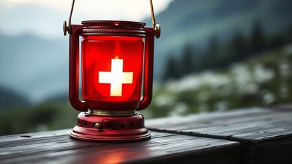 Glowing Swiss lantern with white cross motif, resting on rustic wood with alpine meadow in soft focus.